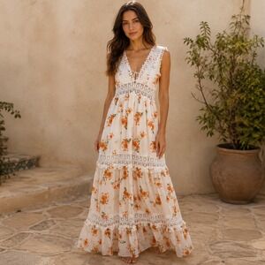 Rue21 Womens XS White Orange Floral Crochet Lace Trim Tiered Maxi Dress Boho